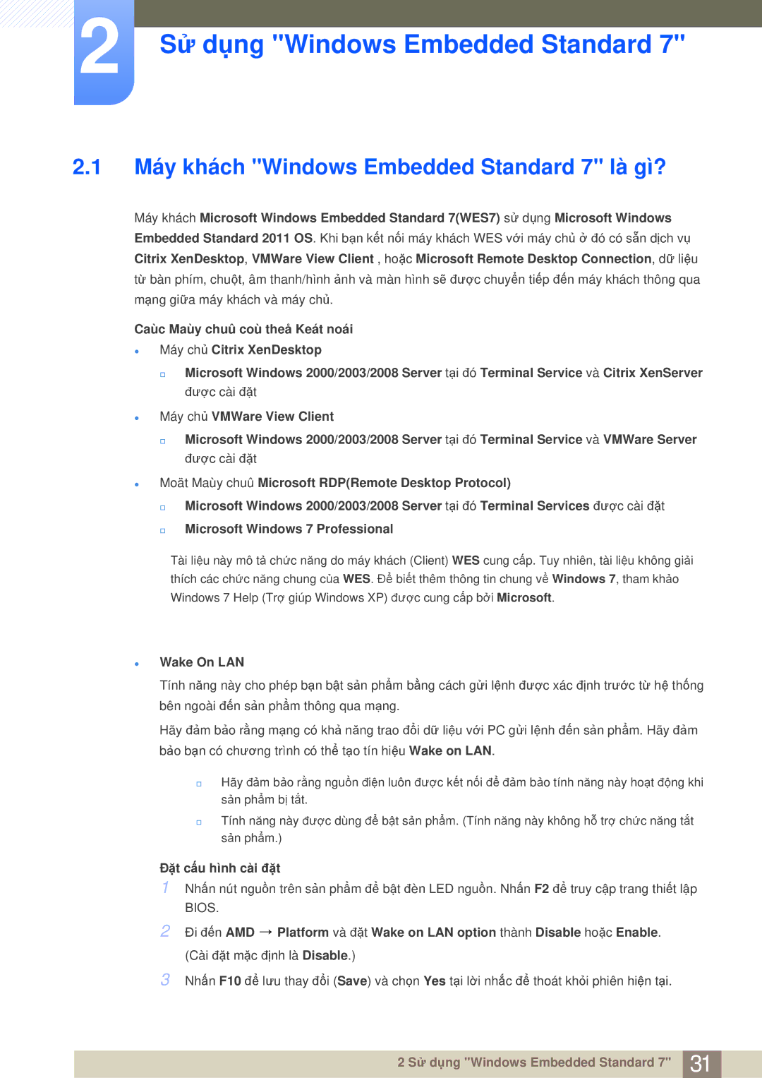 Samsung LF24TOWHBFM/XY manual Sử dụng Windows Embedded Standard, Máy khách Windows Embedded Standard 7 là gì?, Wake On LAN 