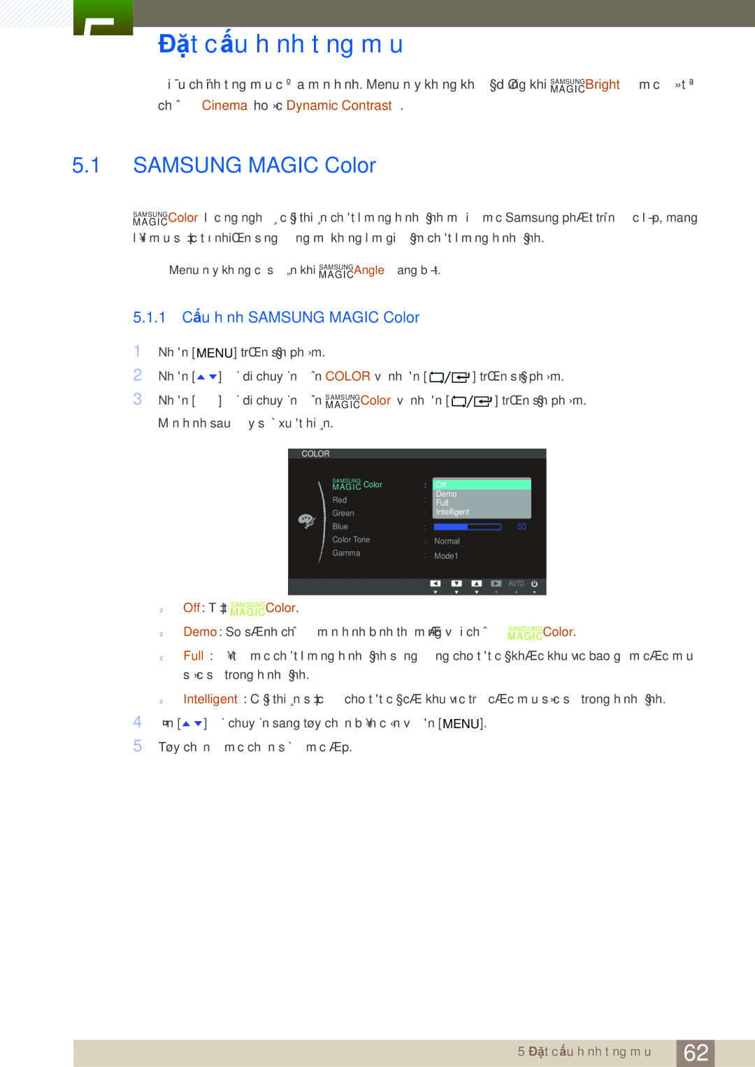 Samsung LF19TOWHBFM/XY, LF19TOWHBFM/EN, LF19TOWHBDM/XY manual Đặt cấu hình tông màu, 1 Cấu hình Samsung Magic Color 