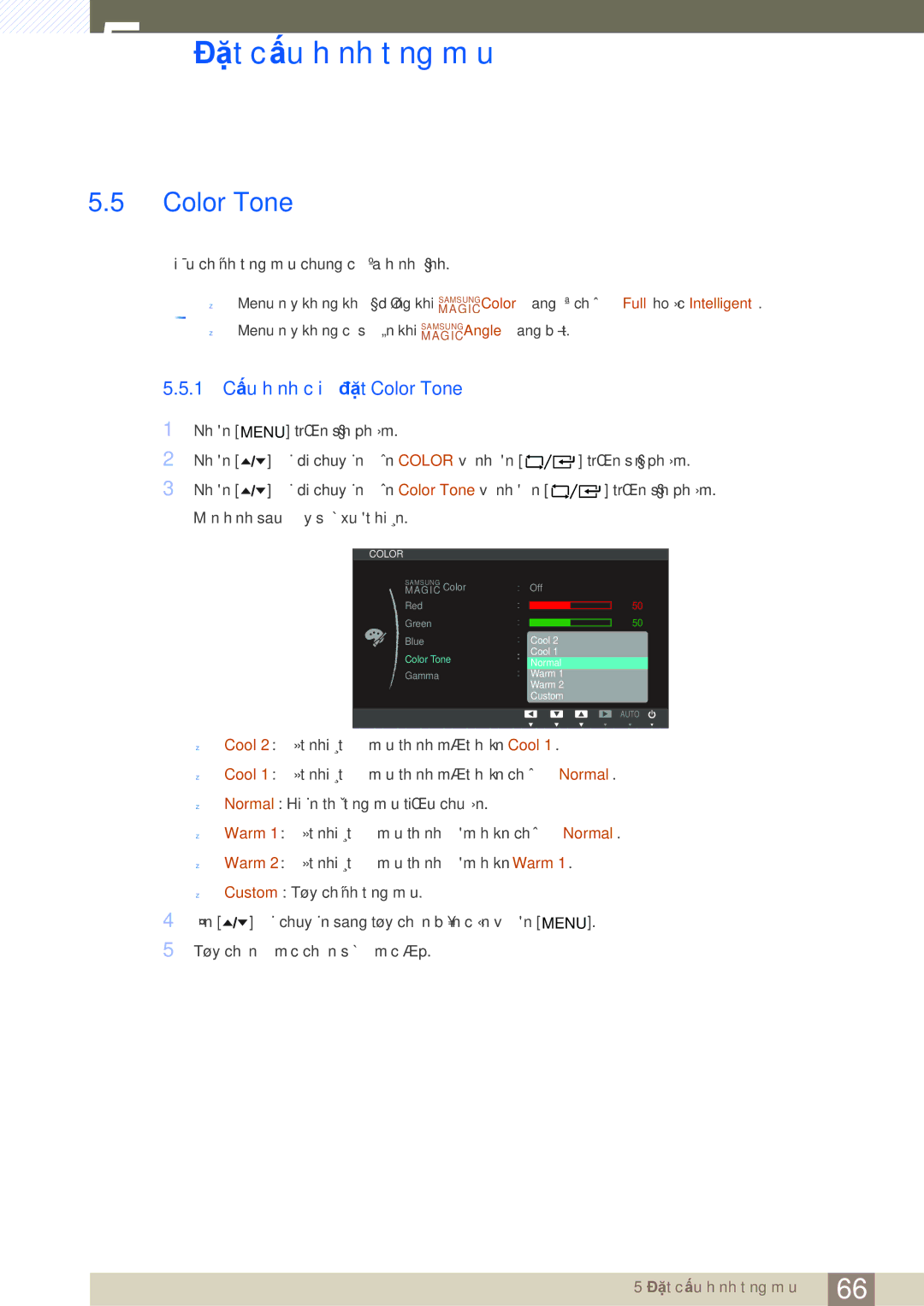 Samsung LF19TOWHBFM/XY, LF19TOWHBFM/EN, LF19TOWHBDM/XY, LF24TOWHBFM/XY manual 1 Cấu hình cài đặt Color Tone 