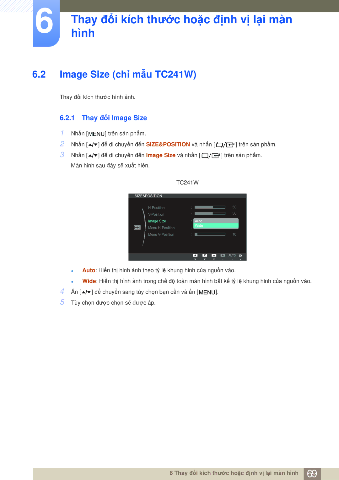 Samsung LF19TOWHBDM/XY, LF19TOWHBFM/EN, LF19TOWHBFM/XY, LF24TOWHBFM/XY manual Image Size chỉ mẫu TC241W, Thay đổi Image Size 