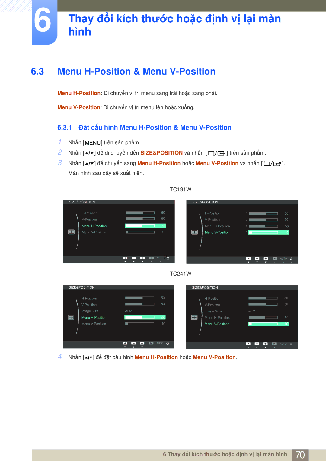 Samsung LF19TOWHBFM/XY, LF19TOWHBFM/EN, LF19TOWHBDM/XY, LF24TOWHBFM/XY 1 Đặt cấu hình Menu H-Position & Menu V-Position 