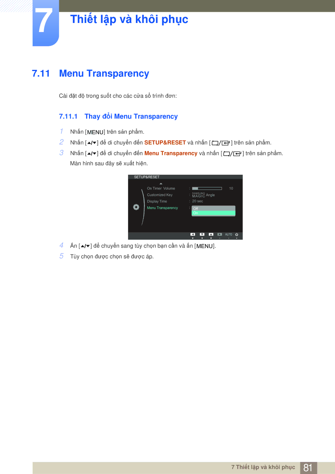 Samsung LF19TOWHBDM/XY, LF19TOWHBFM/EN, LF19TOWHBFM/XY, LF24TOWHBFM/XY manual Thay đổi Menu Transparency 