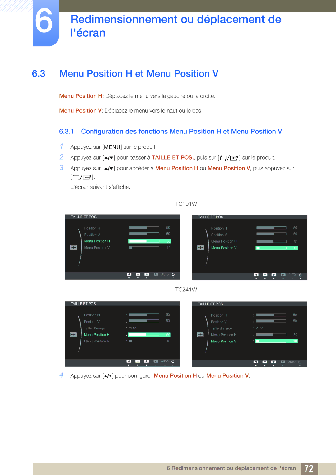 Samsung LF19TOWHBFM/NG, LF19TOWHBFM/UE, LF24TOWHBFM/UE Configuration des fonctions Menu Position H et Menu Position 