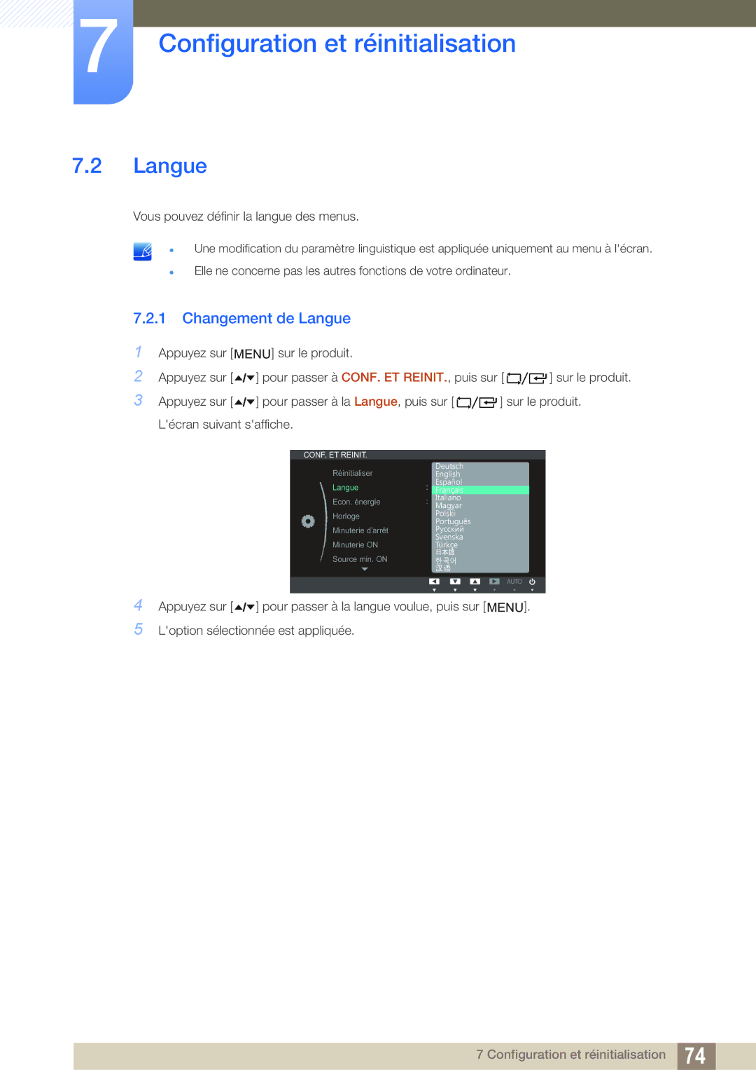 Samsung LF24TOWHBFM/UE, LF19TOWHBFM/NG, LF19TOWHBFM/UE manual Changement de Langue 