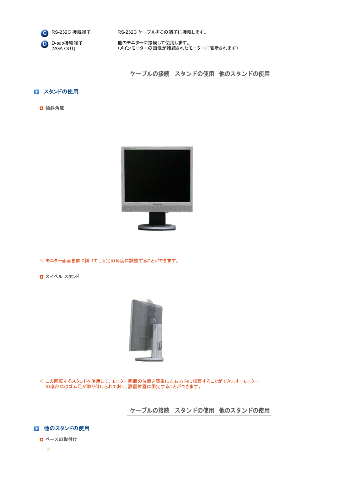 Samsung LF19TPTLBJ/XJ manual 他のスタンドの使用, 傾斜角度, スイベル スタンド, ベースの取付け 