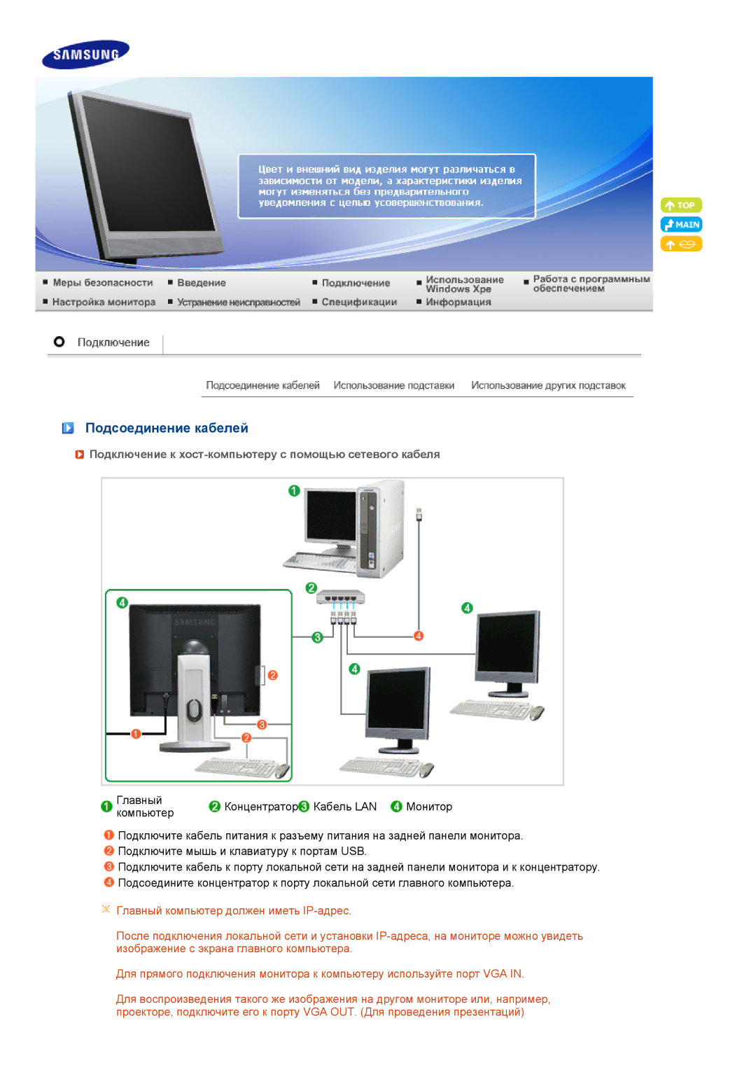 Samsung LH40MGPLBC/EN, LF19TPTLSJ/EN manual Подсоединение кабелей, Подключение к хост-компьютеру с помощью сетевого кабеля 