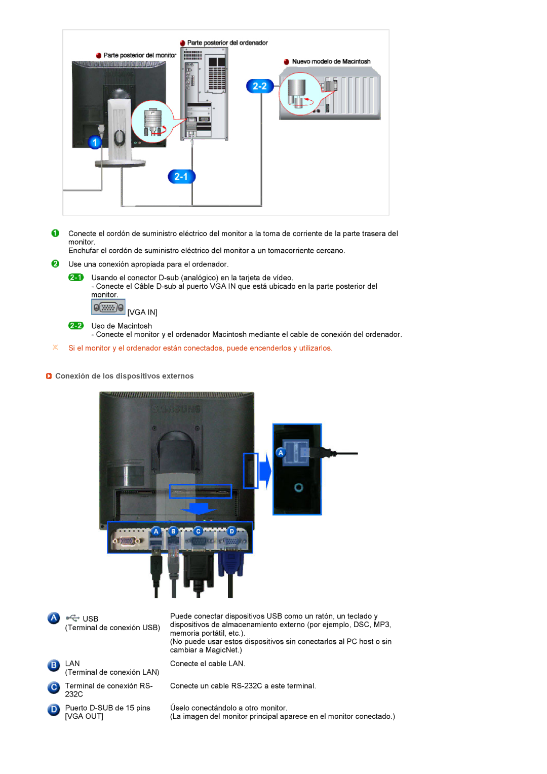 Samsung LF17TPTLSN/EDC, LF19TPTLSJ/EN, LH40MGPLBC/EN manual Conexión de los dispositivos externos 