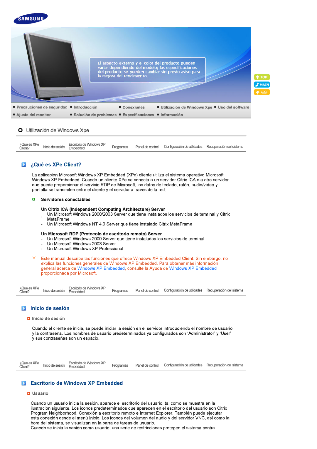 Samsung LF17TPTLSN/EDC, LF19TPTLSJ/EN ¿Qué es XPe Client?, Inicio de sesión, Escritorio de Windows XP Embedded, Usuario 