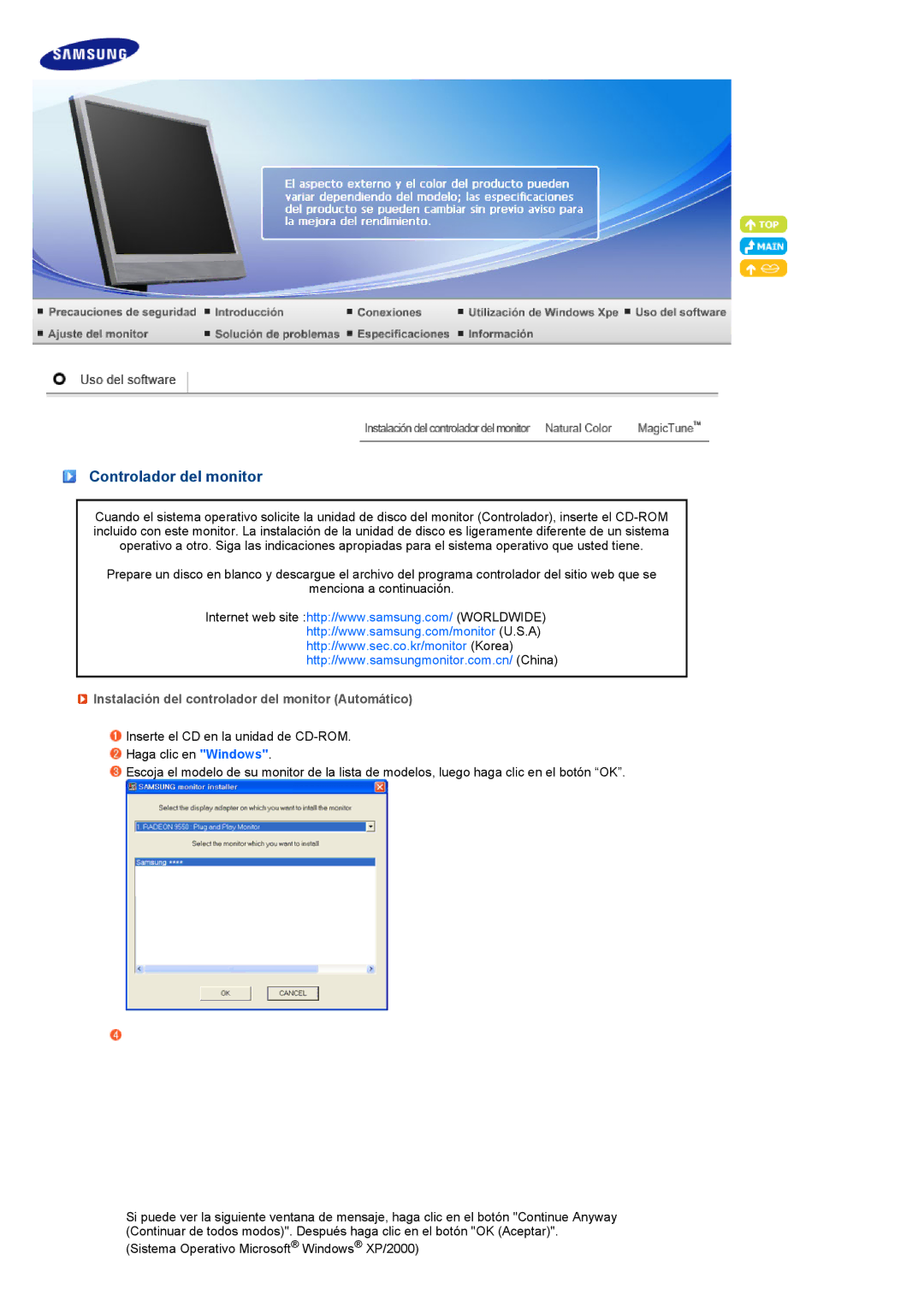 Samsung LH40MGPLBC/EN, LF19TPTLSJ/EN manual Controlador del monitor, Instalación del controlador del monitor Automático 