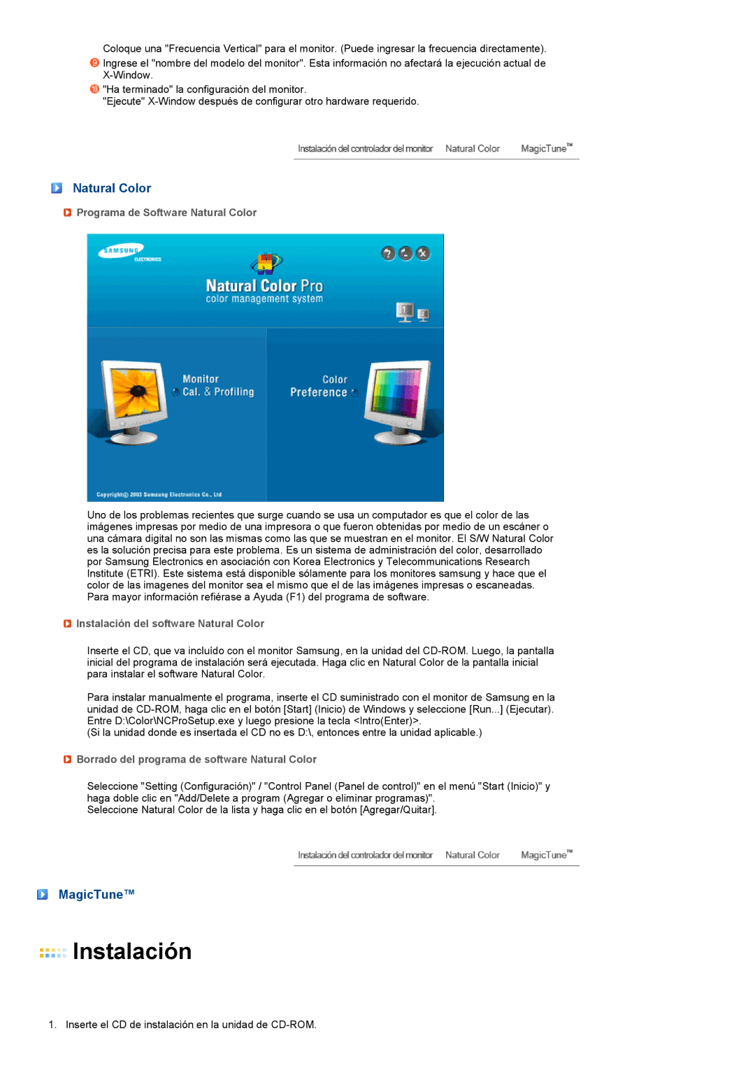 Samsung LF17TPTLSN/EDC manual MagicTune, Programa de Software Natural Color, Instalación del software Natural Color 