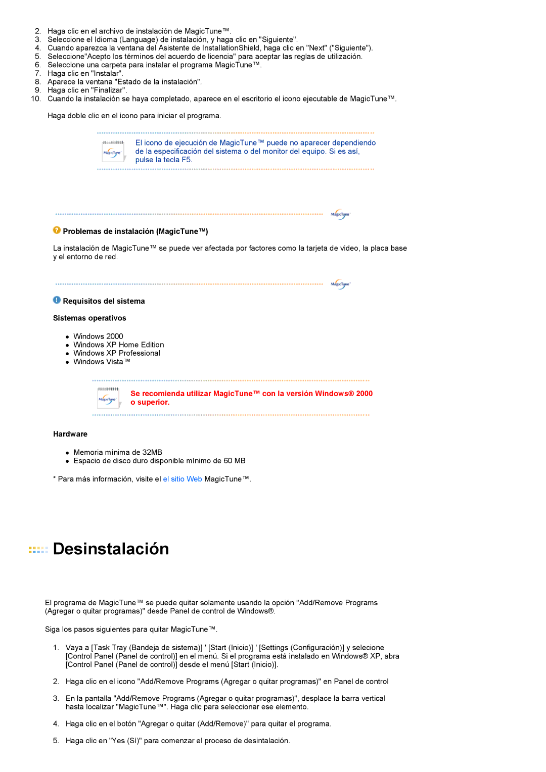 Samsung LF19TPTLSJ/EN manual Problemas de instalación MagicTune, Requisitos del sistema Sistemas operativos, Hardware 