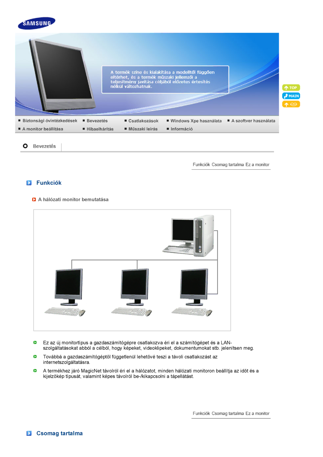 Samsung LF19TPTLSJ/EN, LH40MGPLBC/EN, LF17TPTLSN/EDC manual Funkciók, Csomag tartalma, Hálózati monitor bemutatása 