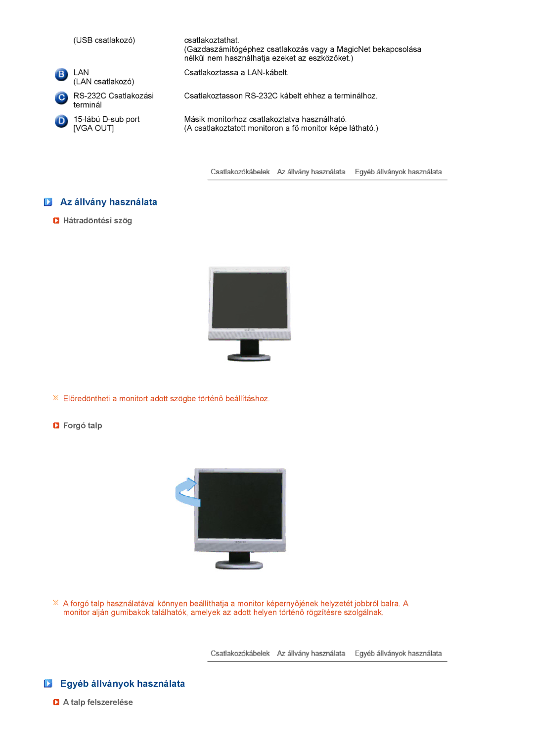 Samsung LH40MGPLBC/EN Az állvány használata, Egyéb állványok használata, Hátradöntési szög, Forgó talp, Talp felszerelése 