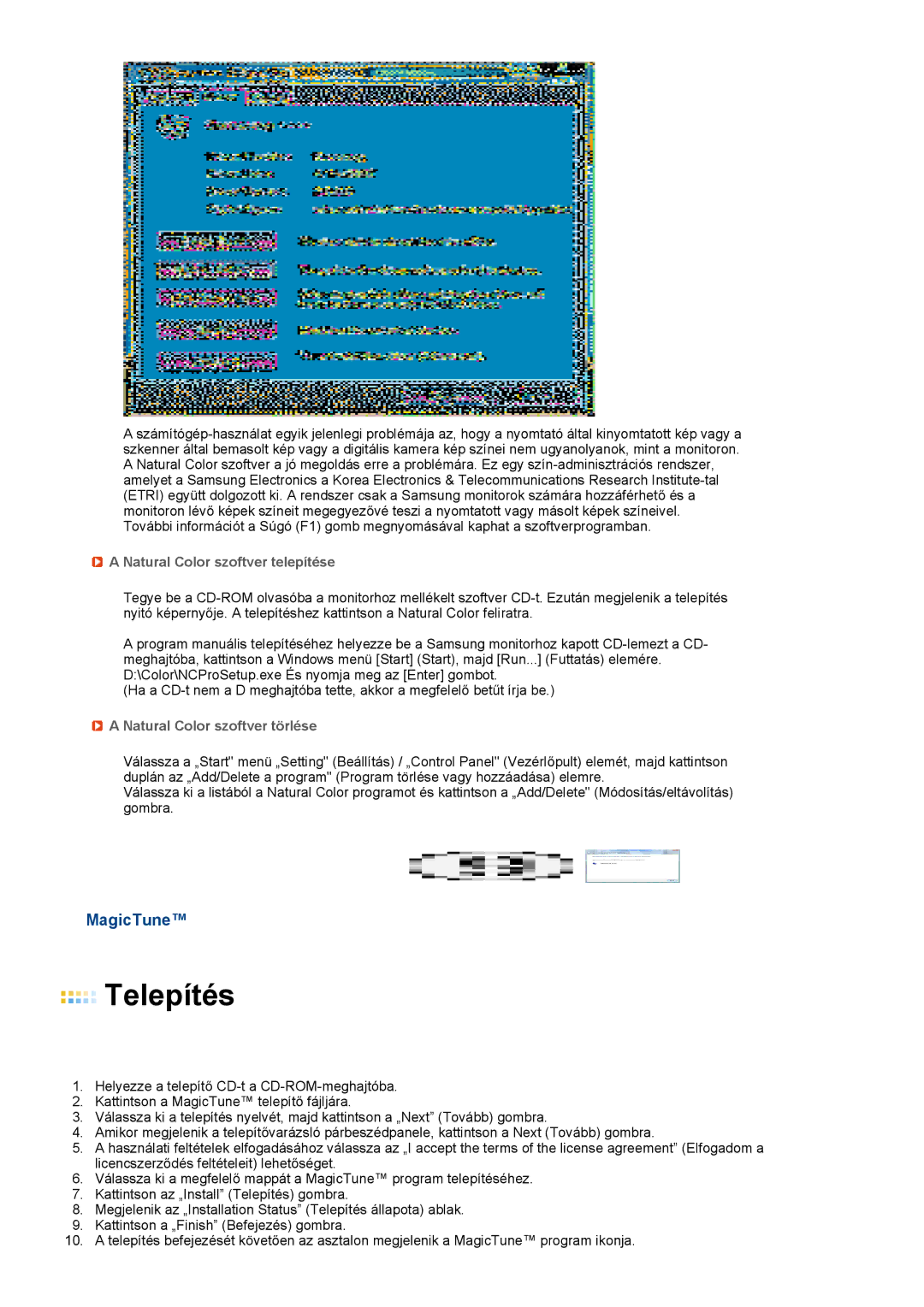 Samsung LH40MGPLBC/EN, LF19TPTLSJ/EN manual MagicTune, Natural Color szoftver telepítése, Natural Color szoftver törlése 