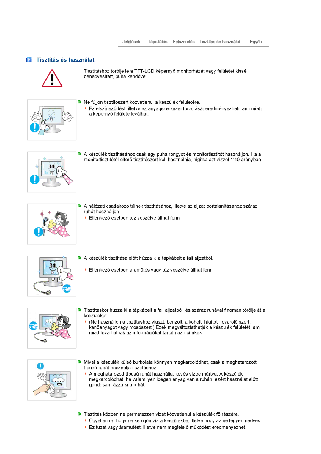 Samsung LF19TPTLSJ/EN, LH40MGPLBC/EN, LF17TPTLSN/EDC manual Tisztítás és használat 