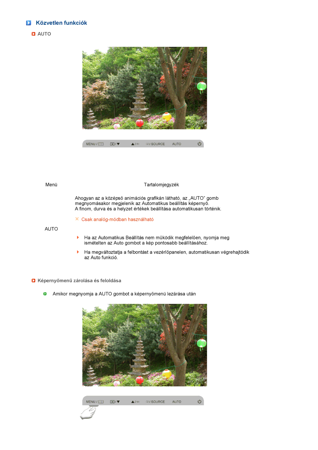 Samsung LF17TPTLSN/EDC, LF19TPTLSJ/EN, LH40MGPLBC/EN manual Közvetlen funkciók, Képernyőmenű zárolása és feloldása 