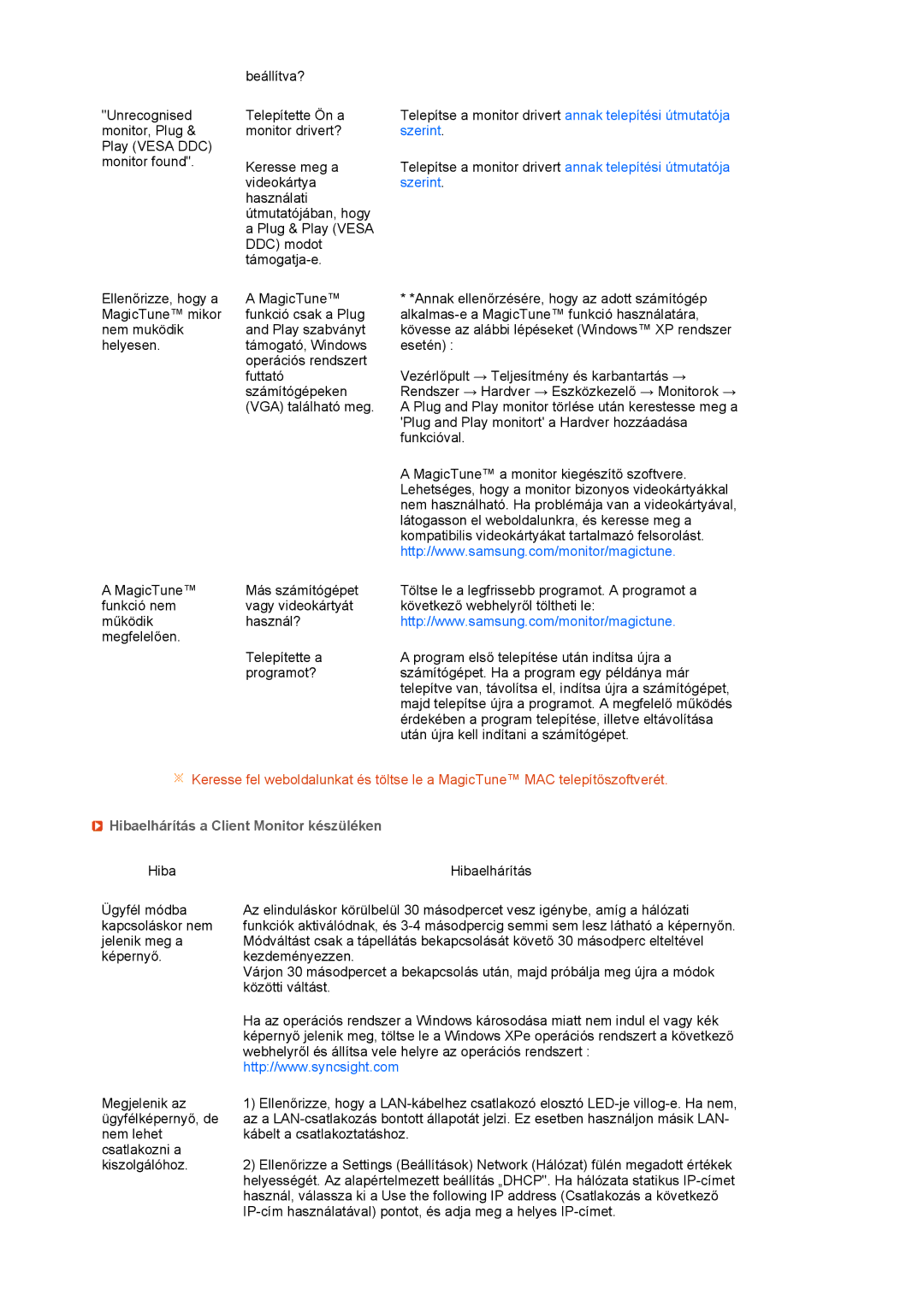 Samsung LF17TPTLSN/EDC, LF19TPTLSJ/EN, LH40MGPLBC/EN manual Szerint, Hibaelhárítás a Client Monitor készüléken 