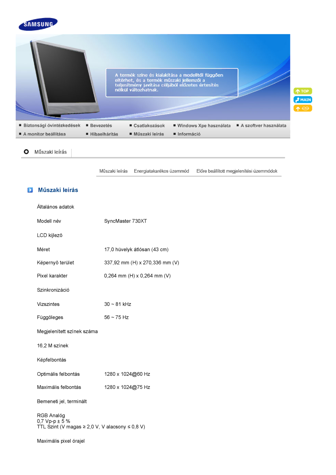 Samsung LF19TPTLSJ/EN, LH40MGPLBC/EN, LF17TPTLSN/EDC manual Műszaki leírás 