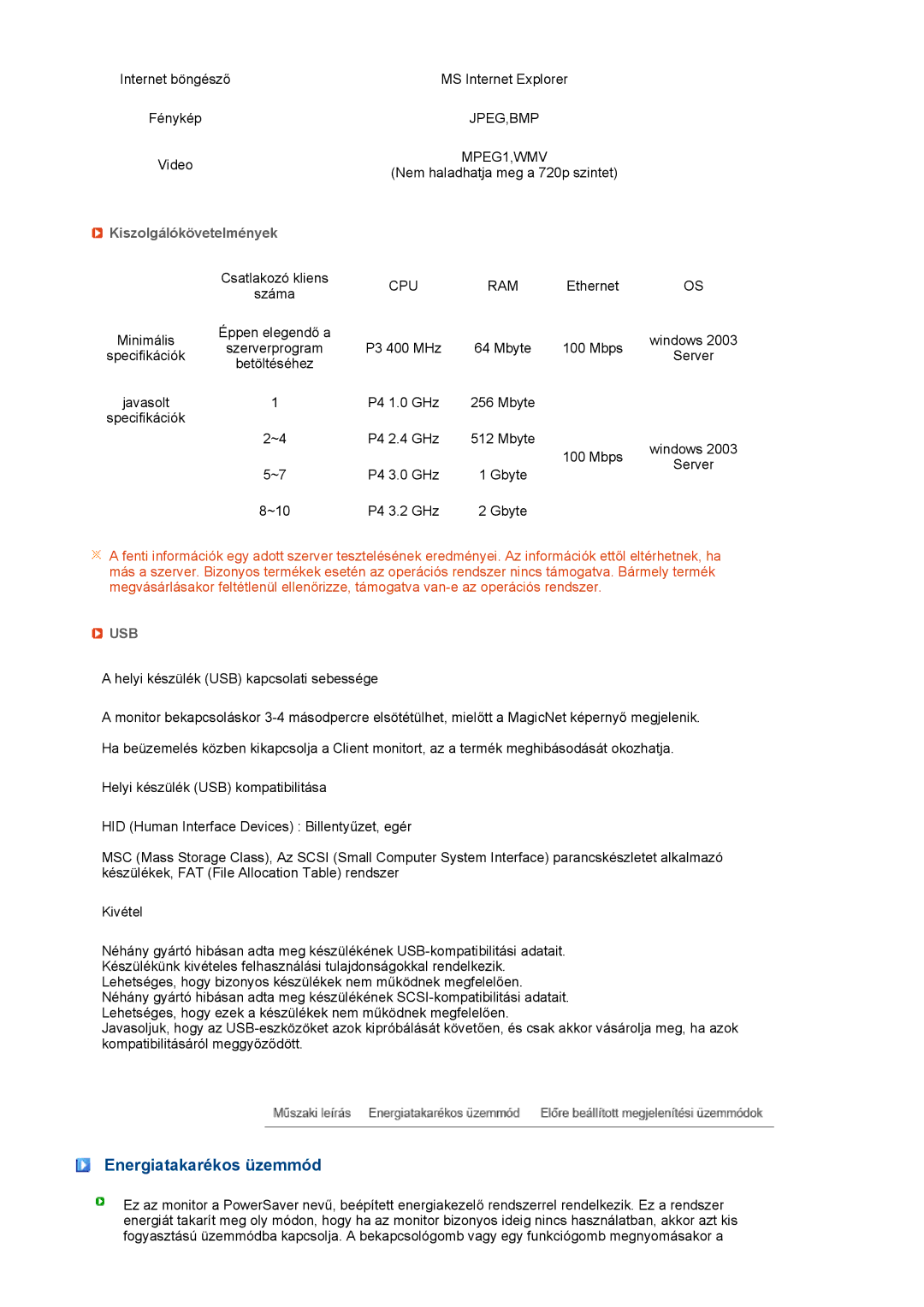 Samsung LF17TPTLSN/EDC, LF19TPTLSJ/EN, LH40MGPLBC/EN manual Energiatakarékos üzemmód, Kiszolgálókövetelmények 