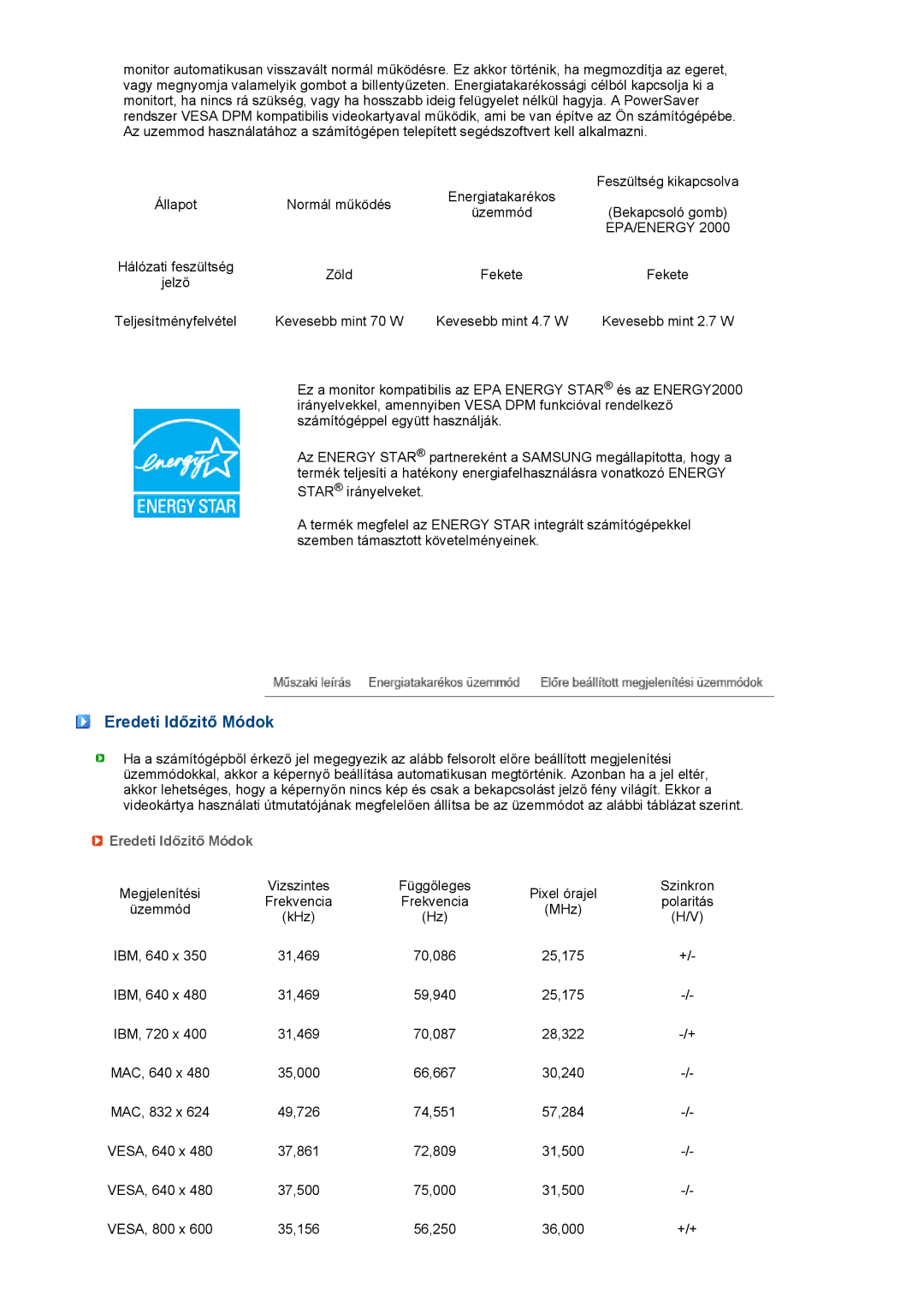 Samsung LF19TPTLSJ/EN, LH40MGPLBC/EN, LF17TPTLSN/EDC manual Eredeti Időzitő Módok 