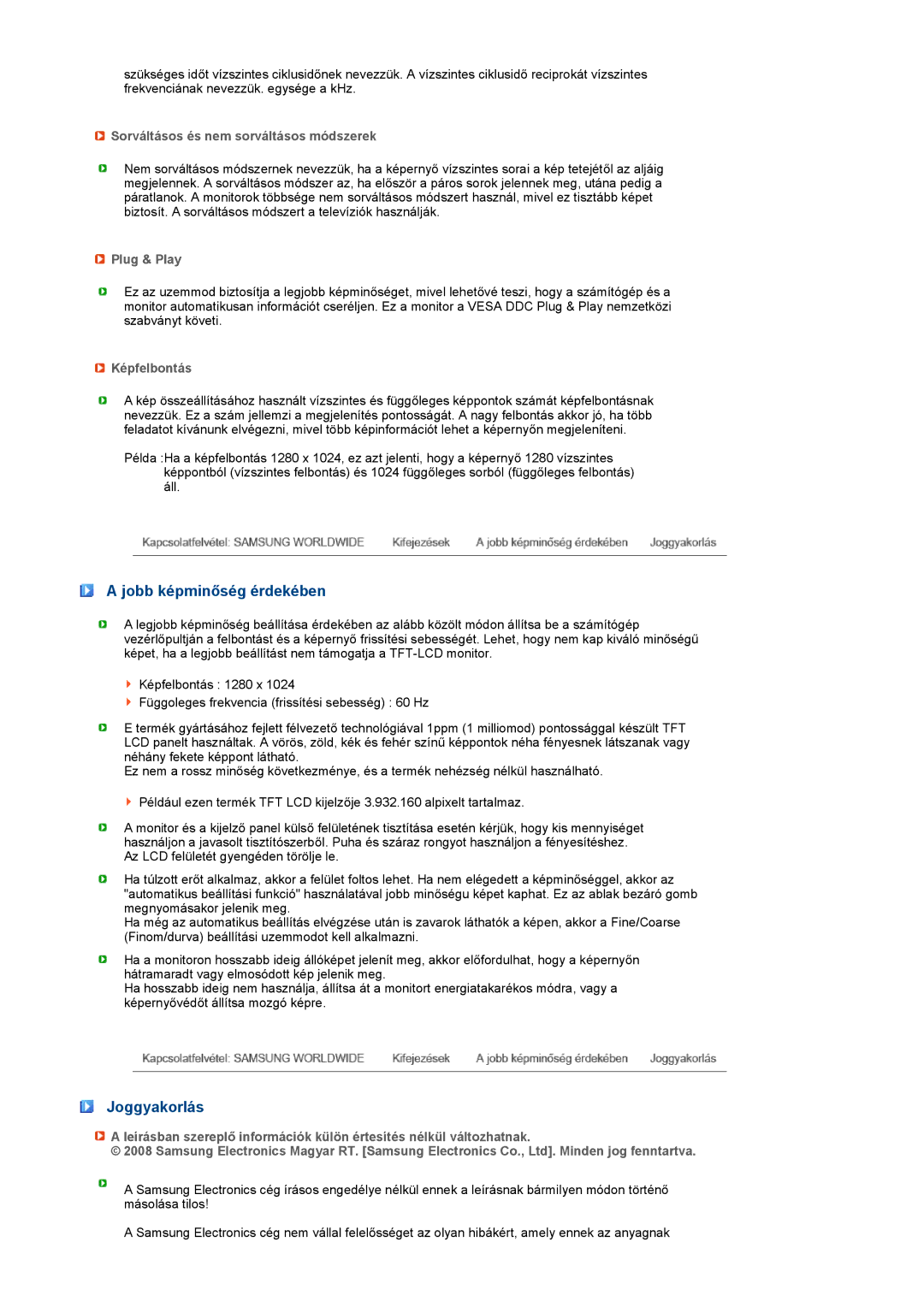 Samsung LF17TPTLSN/EDC, LF19TPTLSJ/EN, LH40MGPLBC/EN manual Jobb képminőség érdekében 