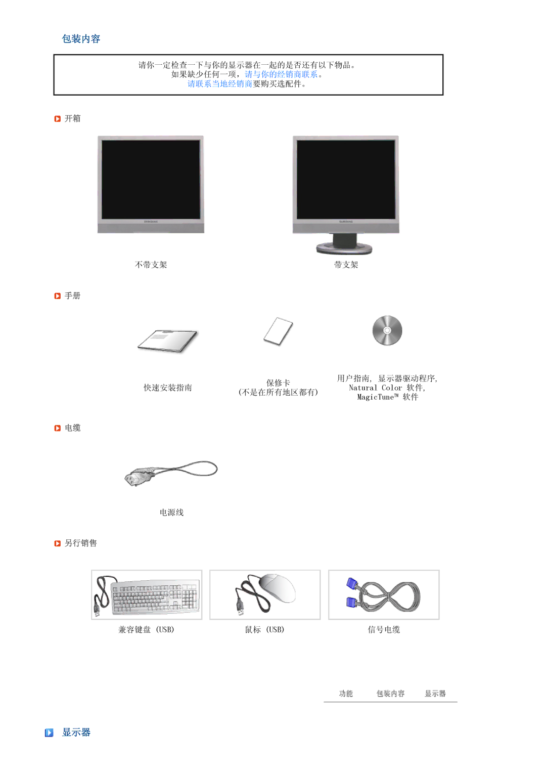 Samsung LH40MGPLBC/EN, LF19TPTLSJ/EN, LF17TPTLSN/EDC manual 包装内容, 显示器, 另行销售 