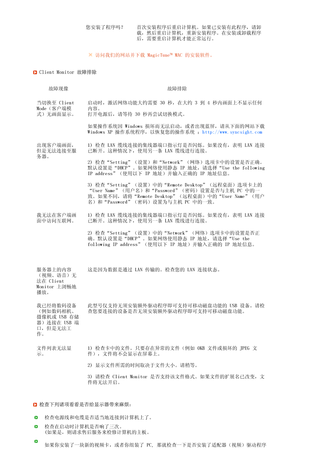 Samsung LF19TPTLSJ/EN, LH40MGPLBC/EN, LF17TPTLSN/EDC manual Client Monitor 故障排除, 检查下列诸项看看是否给显示器带来麻烦： 