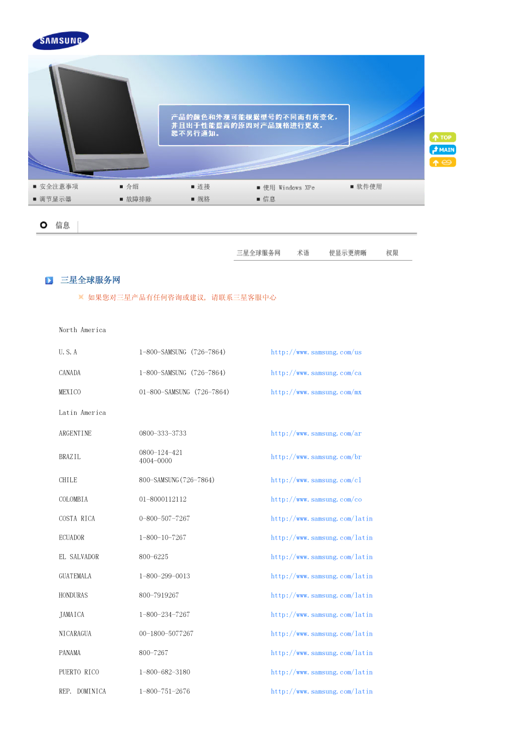 Samsung LF19TPTLSJ/EN, LH40MGPLBC/EN, LF17TPTLSN/EDC manual 三星全球服务网 