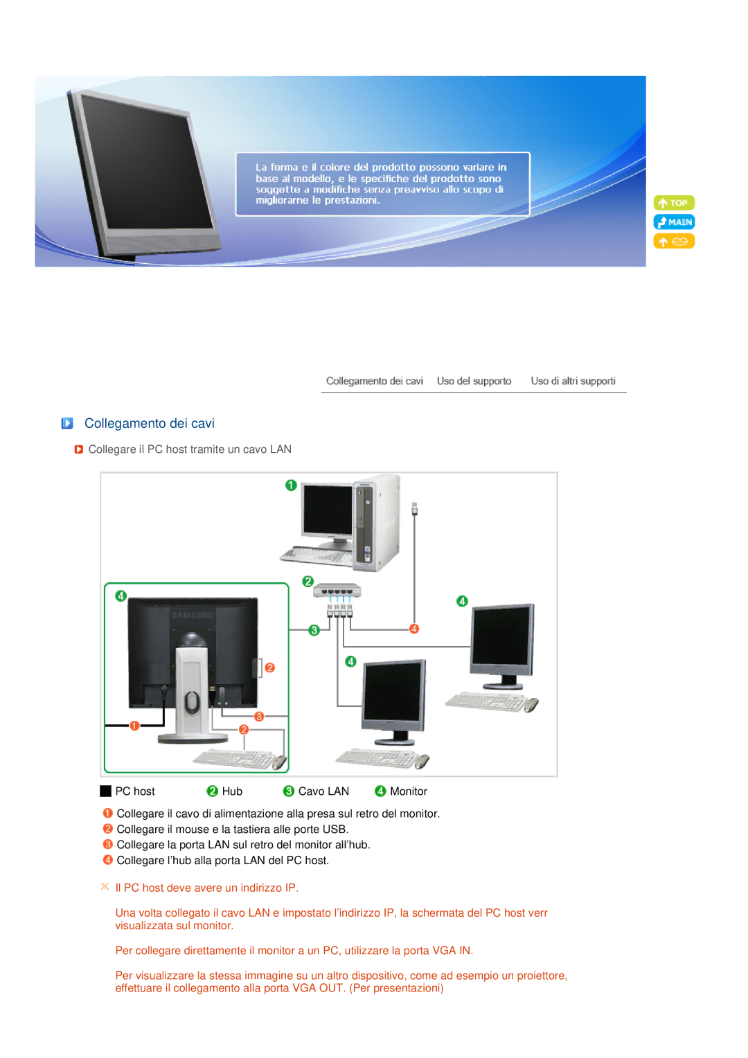 Samsung LF19TPTLSJ/EN, LF19TPTLSM/EDC, LH40MGPLBC/EN manual Collegamento dei cavi, Collegare il PC host tramite un cavo LAN 