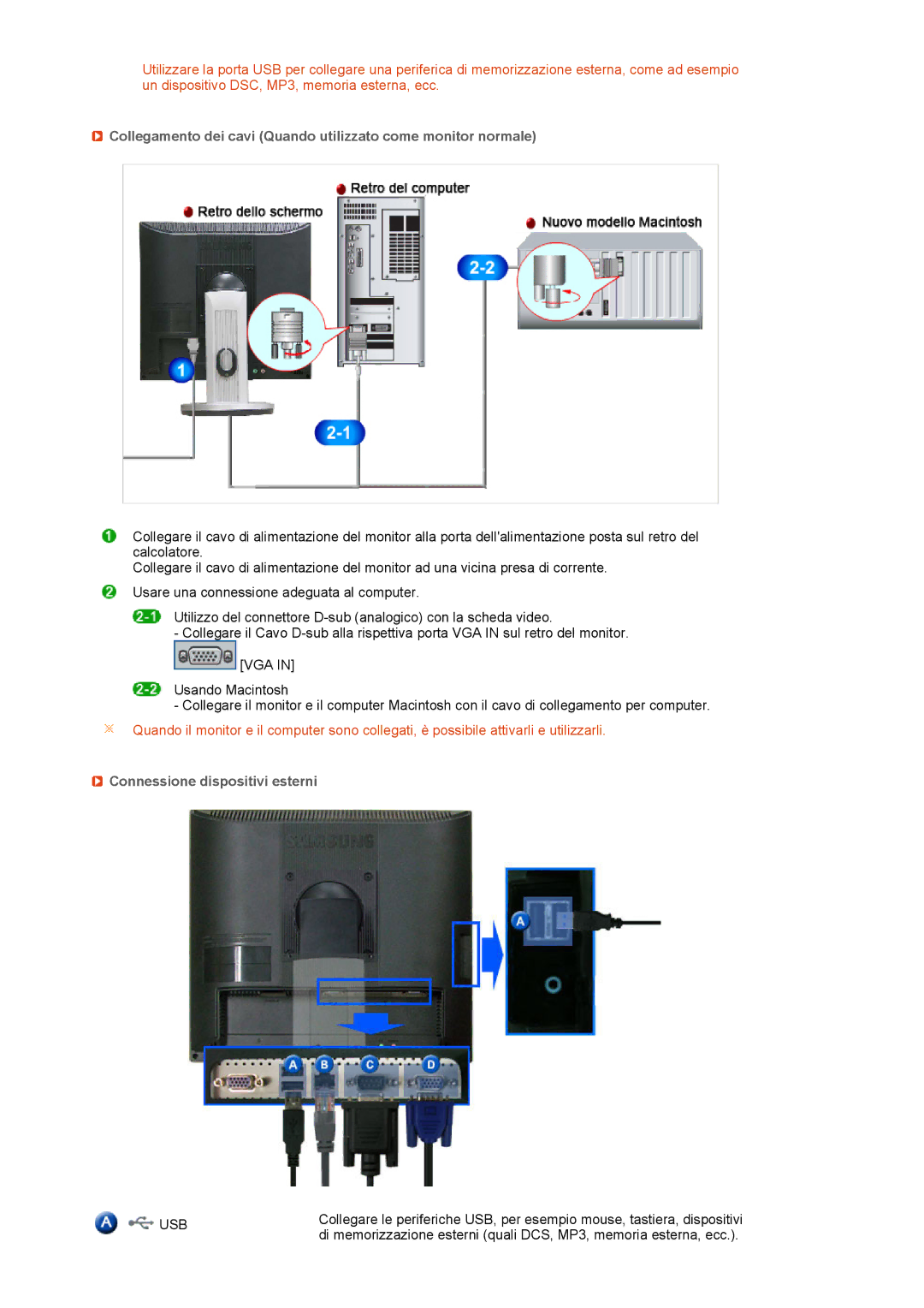 Samsung LH40MGPLBC/EN manual Collegamento dei cavi Quando utilizzato come monitor normale, Connessione dispositivi esterni 