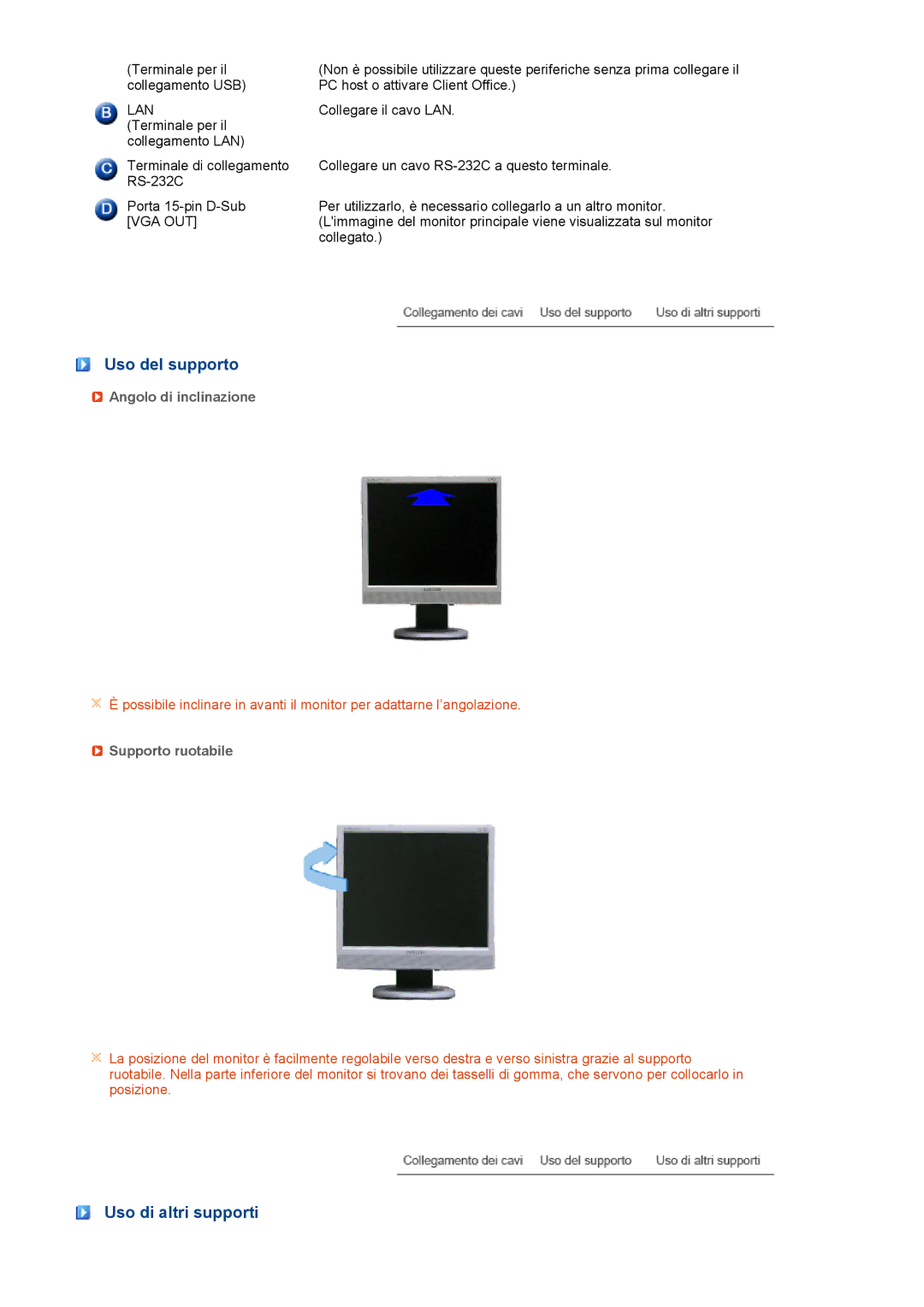 Samsung LF17TPTLSN/EDC, LF19TPTLSM/EDC Uso del supporto, Uso di altri supporti, Angolo di inclinazione, Supporto ruotabile 