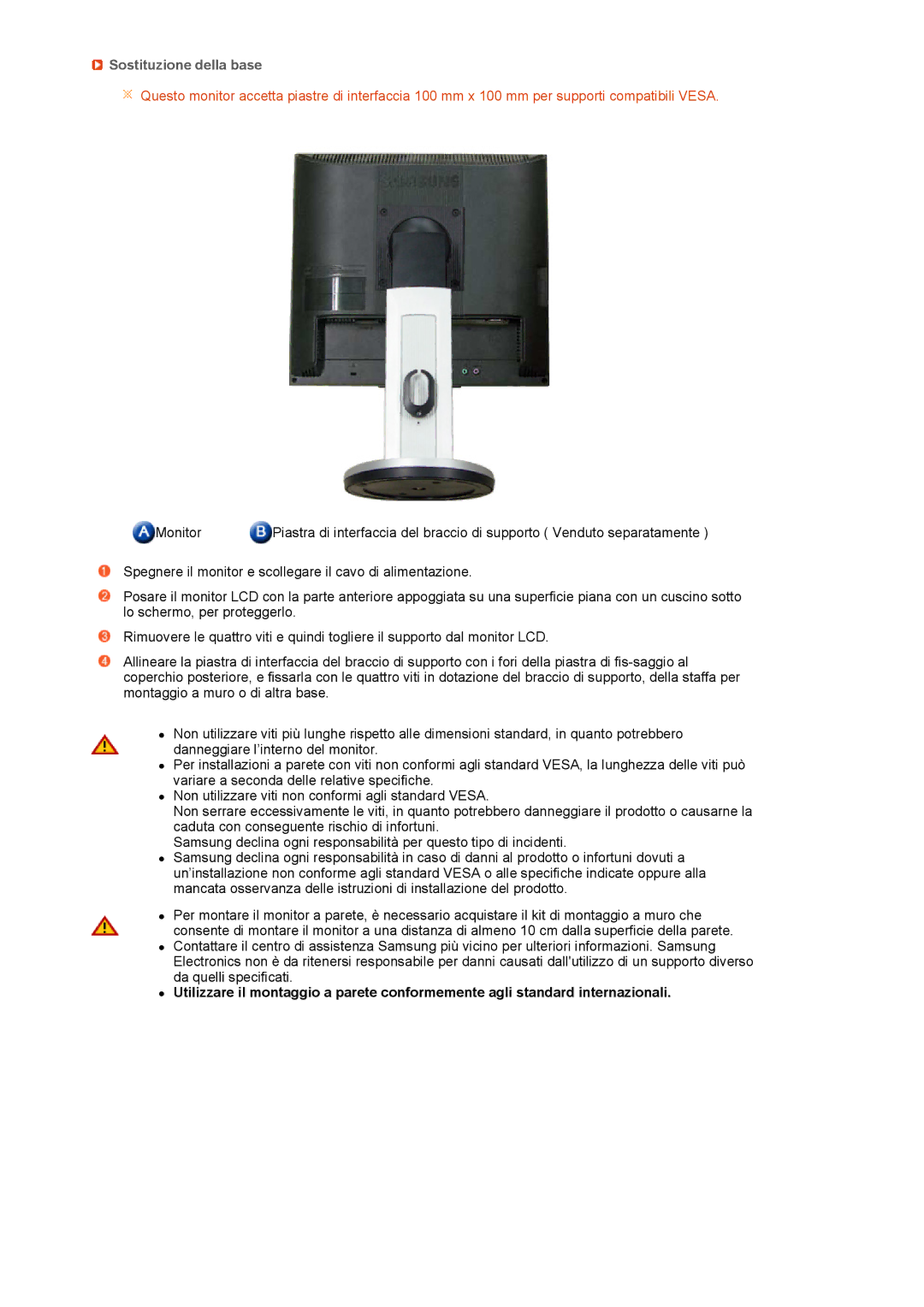 Samsung LF19TPTLSM/EDC, LF19TPTLSJ/EN, LH40MGPLBC/EN, LF17TPTLSN/EDC manual Sostituzione della base 