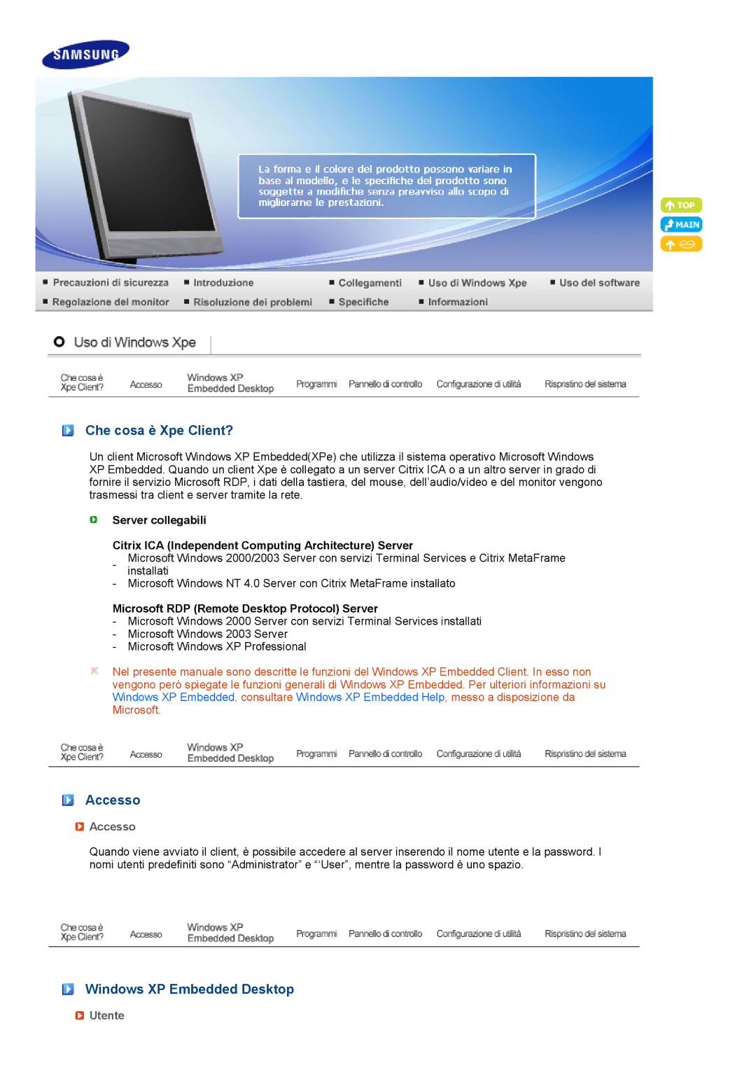 Samsung LF19TPTLSJ/EN, LF19TPTLSM/EDC, LH40MGPLBC/EN Che cosa è Xpe Client?, Accesso, Windows XP Embedded Desktop, Utente 