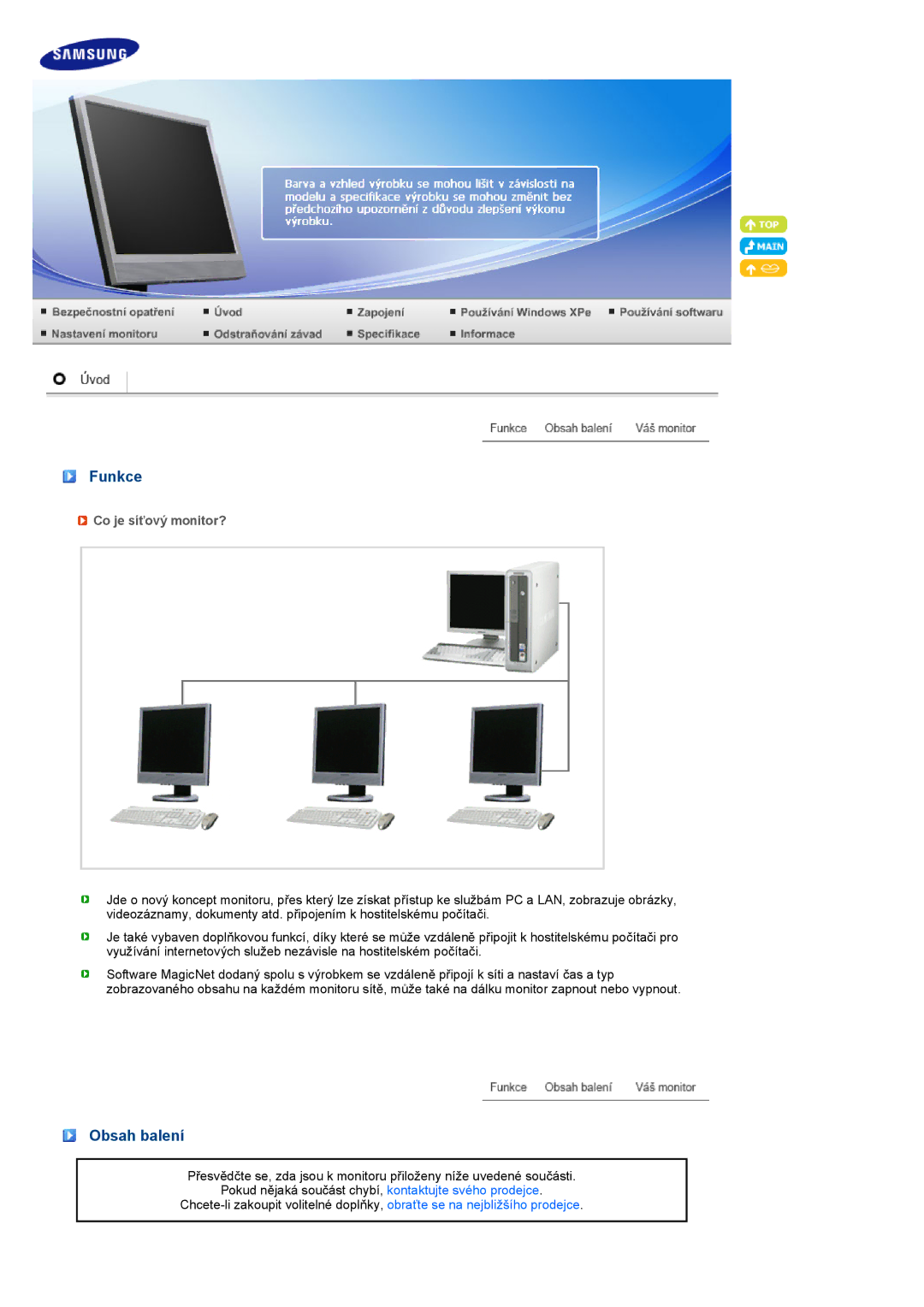 Samsung LF17TPTLSN/EDC, LF19TPTLSM/EDC, LF19TPTLSJ/EN, LH40MGPLBC/EN manual Funkce, Obsah balení, Co je síťový monitor? 