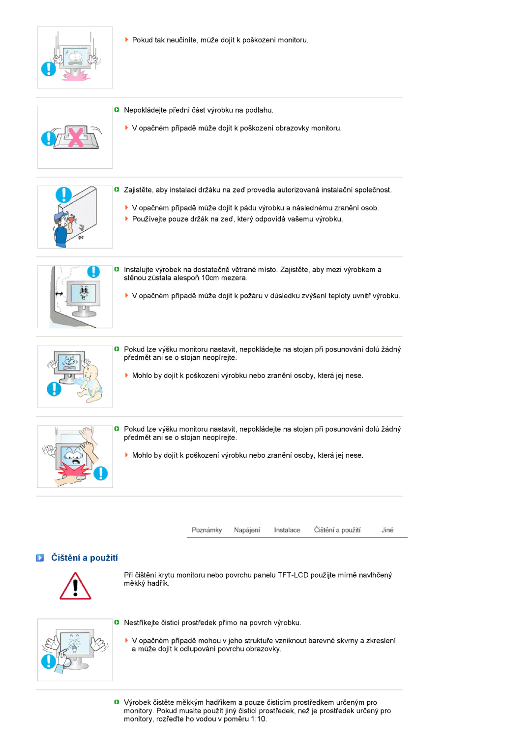 Samsung LF19TPTLSJ/EN, LF19TPTLSM/EDC, LH40MGPLBC/EN, LF17TPTLSN/EDC manual Čištění a použití 