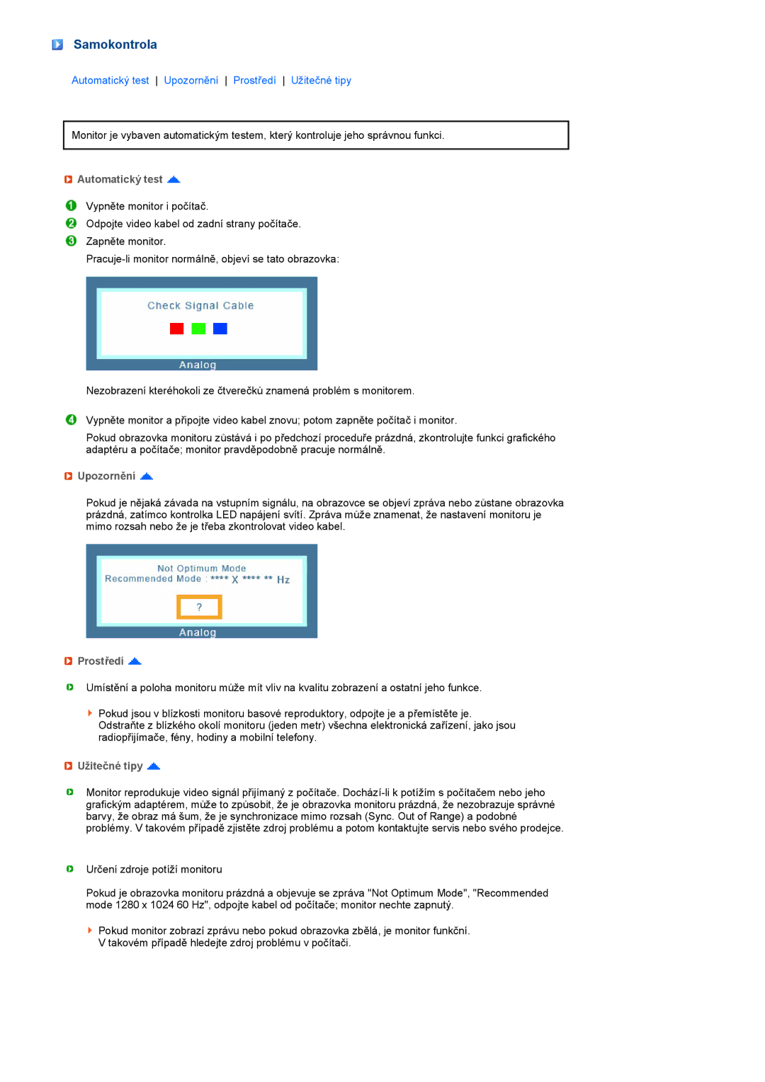 Samsung LF19TPTLSJ/EN, LF19TPTLSM/EDC, LH40MGPLBC/EN Samokontrola, Automatický test, Upozornění, Prostředí, Užitečné tipy 