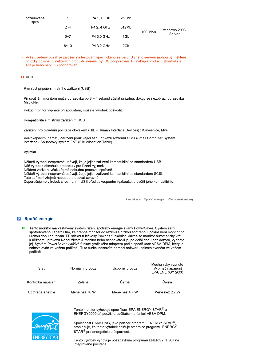 Samsung LF19TPTLSJ/EN, LF19TPTLSM/EDC, LH40MGPLBC/EN, LF17TPTLSN/EDC manual Spořič energie, Usb 