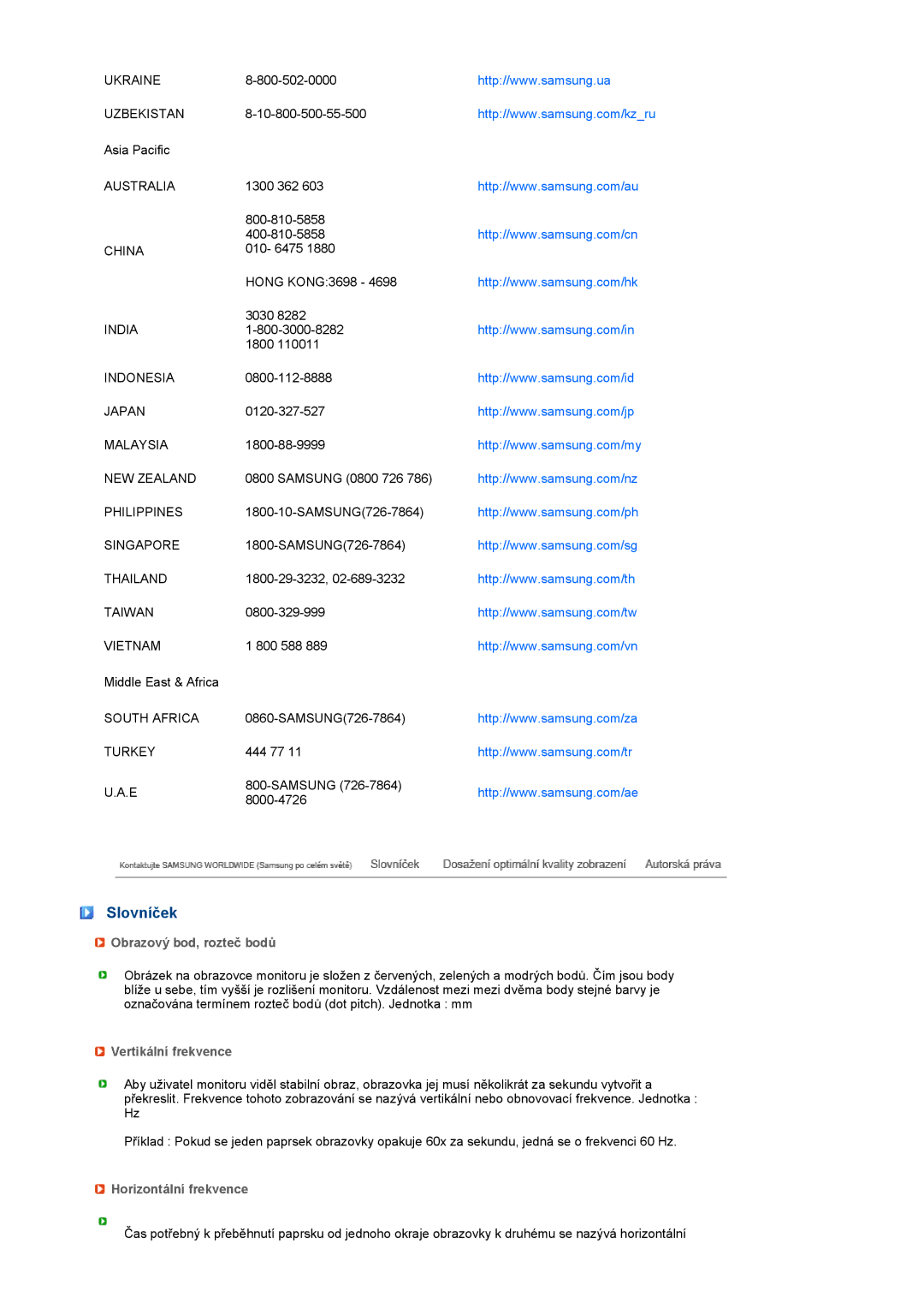 Samsung LF19TPTLSJ/EN, LF19TPTLSM/EDC Slovníček, Obrazový bod, rozteč bodů, Vertikální frekvence, Horizontální frekvence 