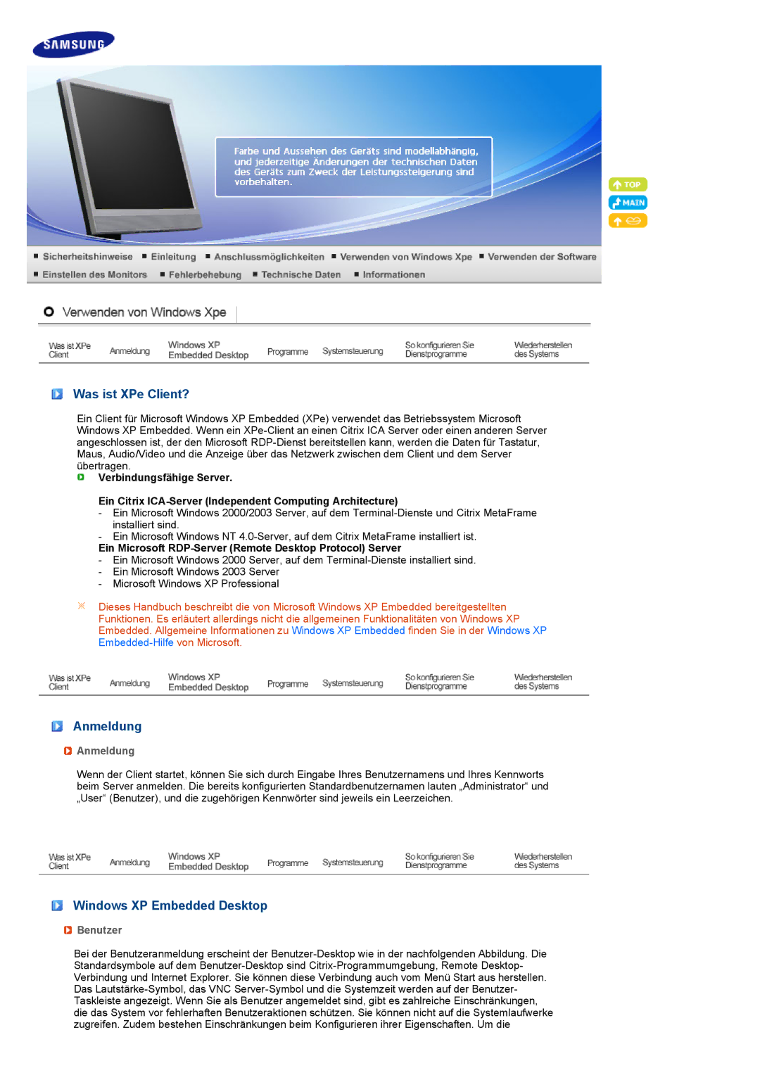 Samsung LF19TPTLSM/EDC, LF19TPTLSL/EN, LF19TPTLSJ/EN Was ist XPe Client?, Anmeldung, Windows XP Embedded Desktop, Benutzer 