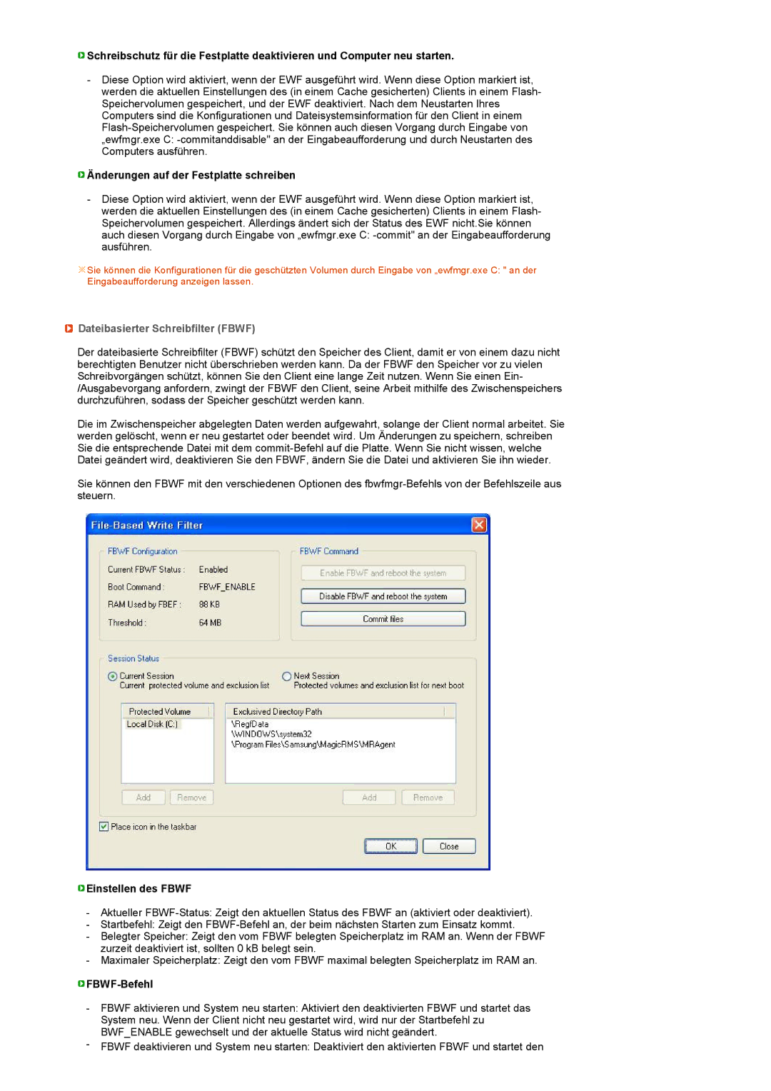 Samsung LF19TPTLSM/EDC, LF19TPTLSL/EN manual Änderungen auf der Festplatte schreiben, Dateibasierter Schreibfilter Fbwf 