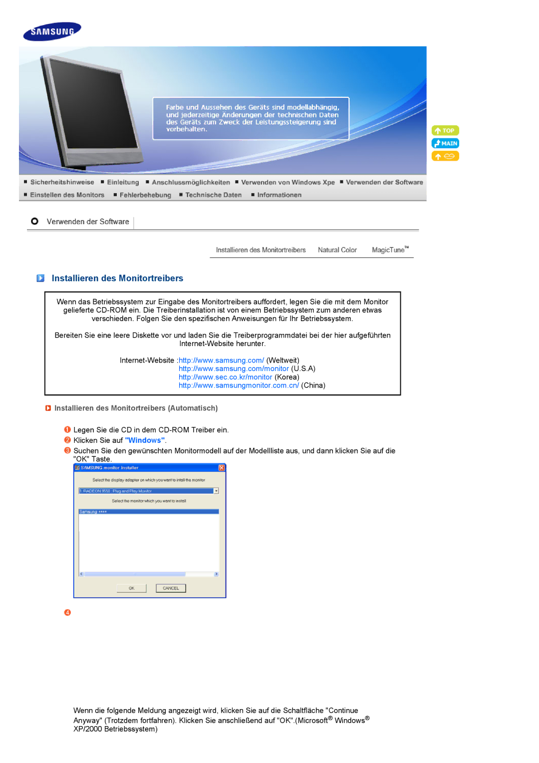 Samsung LF17TPTLSN/EDC, LF19TPTLSM/EDC, LF19TPTLSL/EN, LF19TPTLSJ/EN manual Installieren des Monitortreibers Automatisch 