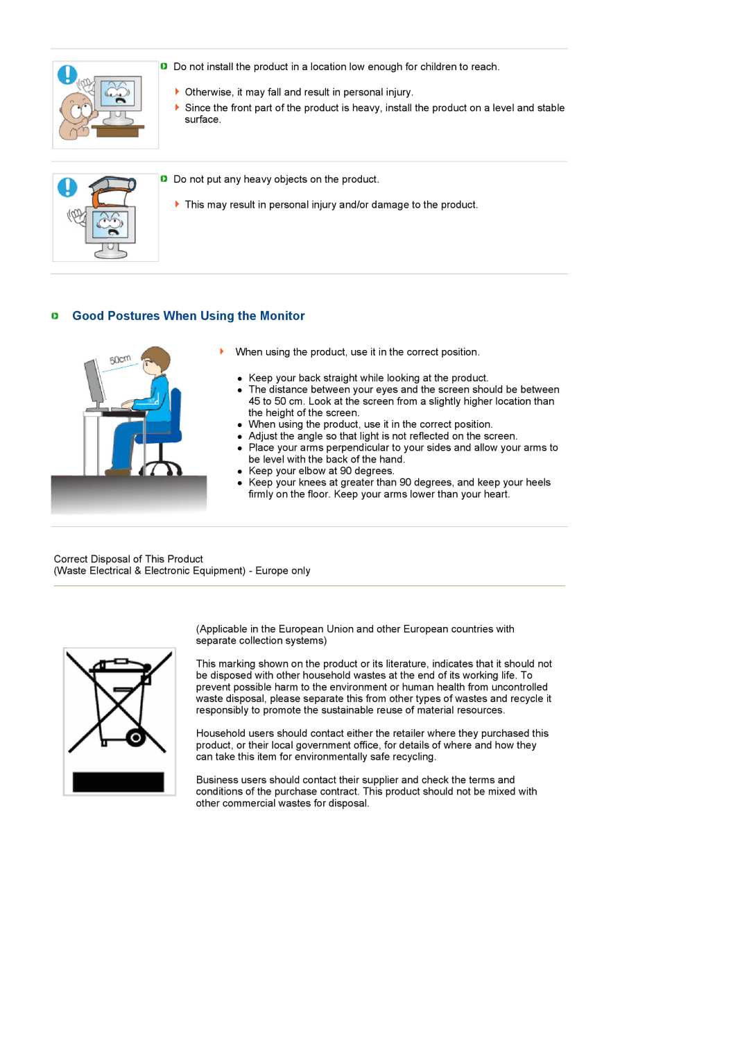 Samsung LF19TPTLSJ/EN, LF19TPTLSM/EDC, LF19TPTLSL/EN, LH40MGPPBC/EN, LH40MGPLBC/EN manual Good Postures When Using the Monitor 