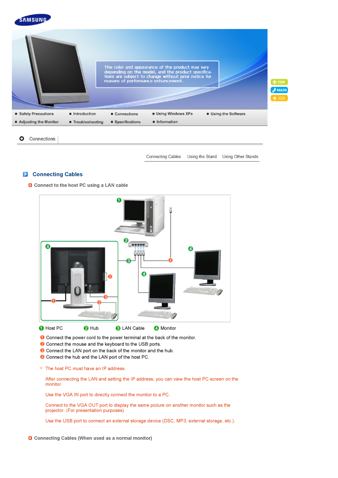 Samsung LH40MGPPBC/EN, LF19TPTLSM/EDC, LF19TPTLSL/EN manual Connecting Cables, Connect to the host PC using a LAN cable 