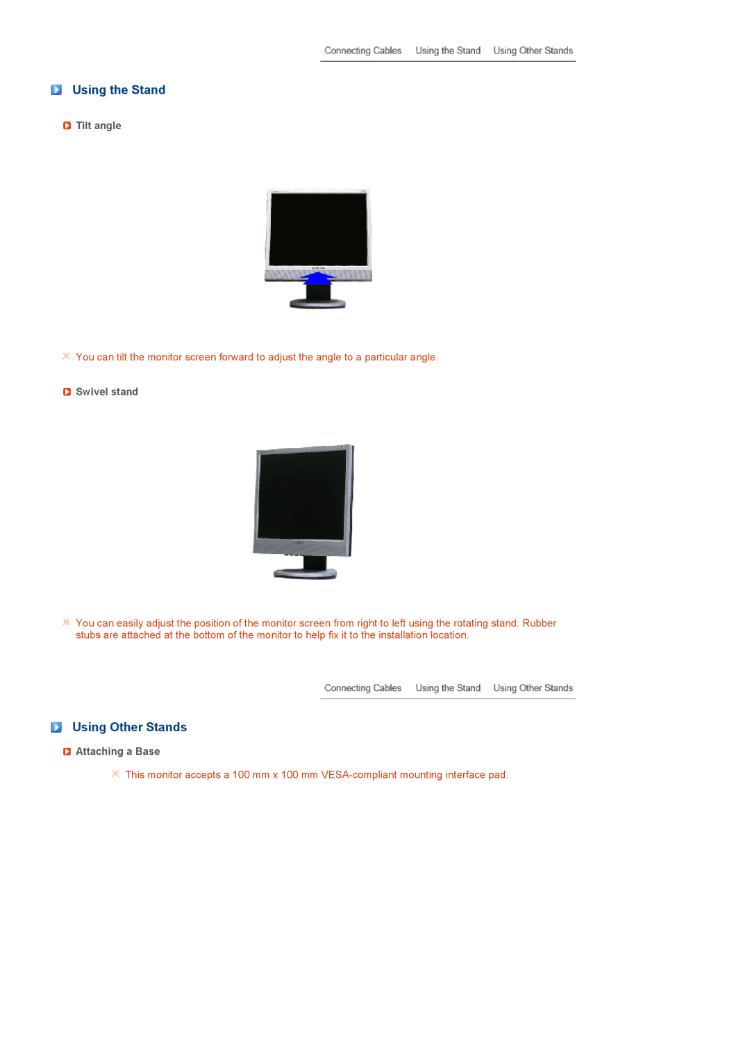 Samsung LH40MGPLBC/EN, LF19TPTLSM/EDC manual Using the Stand, Using Other Stands, Tilt angle, Swivel stand, Attaching a Base 