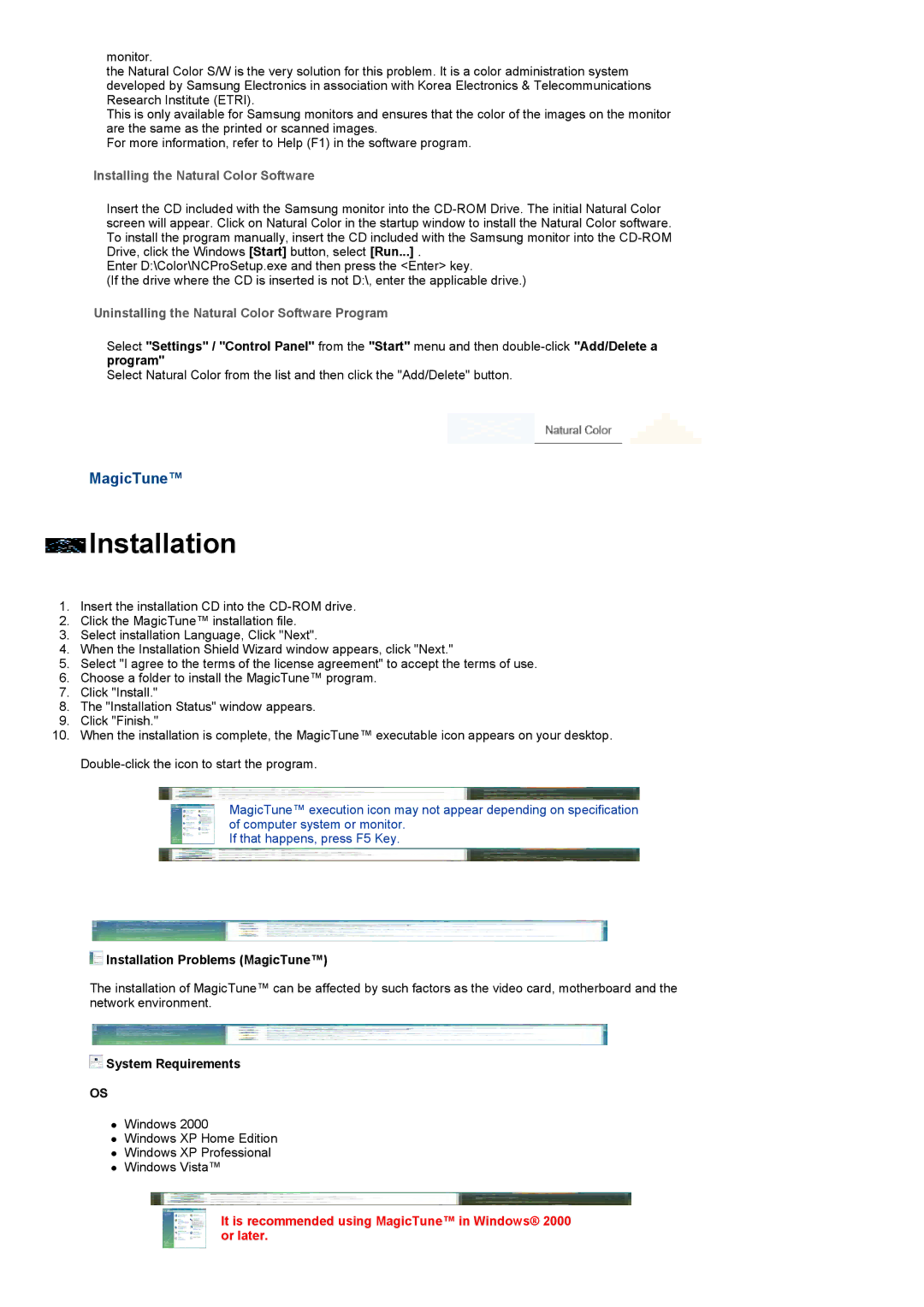 Samsung LF17TPTLSN/EDC MagicTune, Installing the Natural Color Software, Uninstalling the Natural Color Software Program 