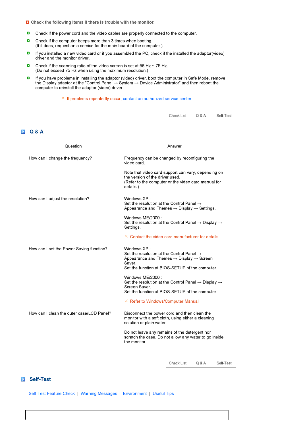 Samsung LF17TPTLSP/EDC, LF19TPTLSM/EDC, LF19TPTLSL/EN manual Self-Test, Contact the video card manufacturer for details 