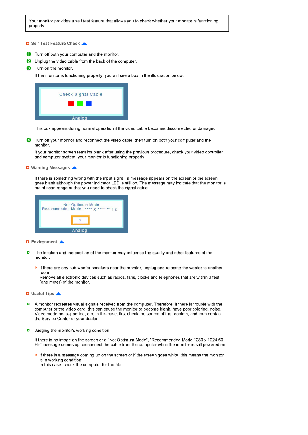 Samsung LF19TPTLSM/EDC, LF19TPTLSL/EN, LH40MGPPBC/EN, LF19TPTLSJ/EN manual Self-Test Feature Check, Environment, Useful Tips 