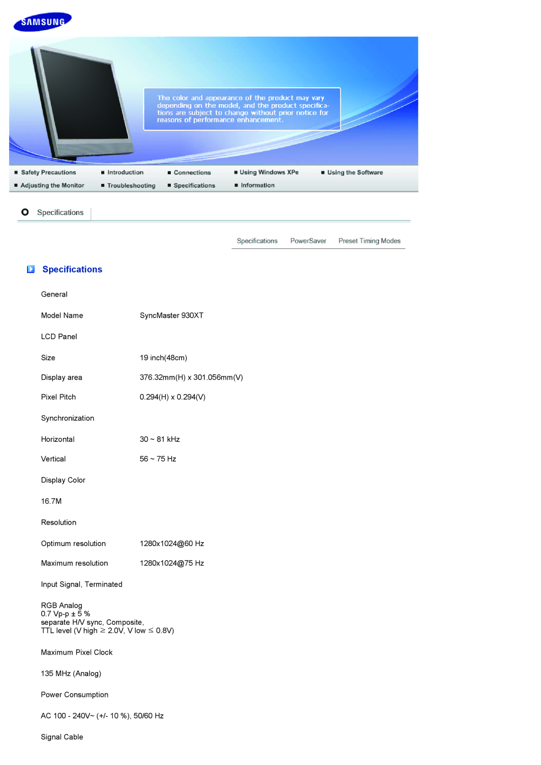 Samsung LF17TPTLSN/EDC, LF19TPTLSM/EDC, LF19TPTLSL/EN, LH40MGPPBC/EN, LF19TPTLSJ/EN, LH40MGPLBC/EN manual Specifications 