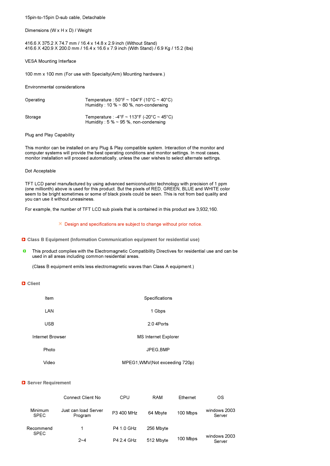 Samsung LF17TPTLSP/EDC, LF19TPTLSM/EDC, LF19TPTLSL/EN, LH40MGPPBC/EN, LF19TPTLSJ/EN, LH40MGPLBC/EN manual Specifications 