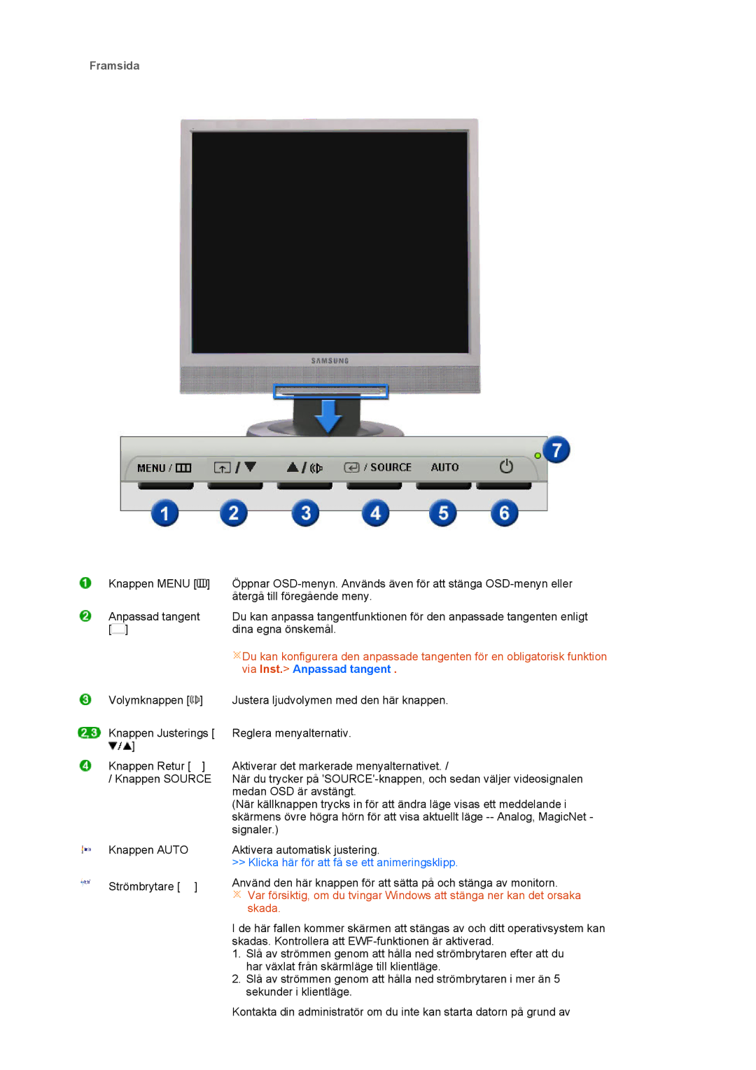 Samsung LF17TPTLSN/EDC, LF19TPTLSM/EDC, LH40MGPLBC/EN manual Framsida, Via Inst. Anpassad tangent 